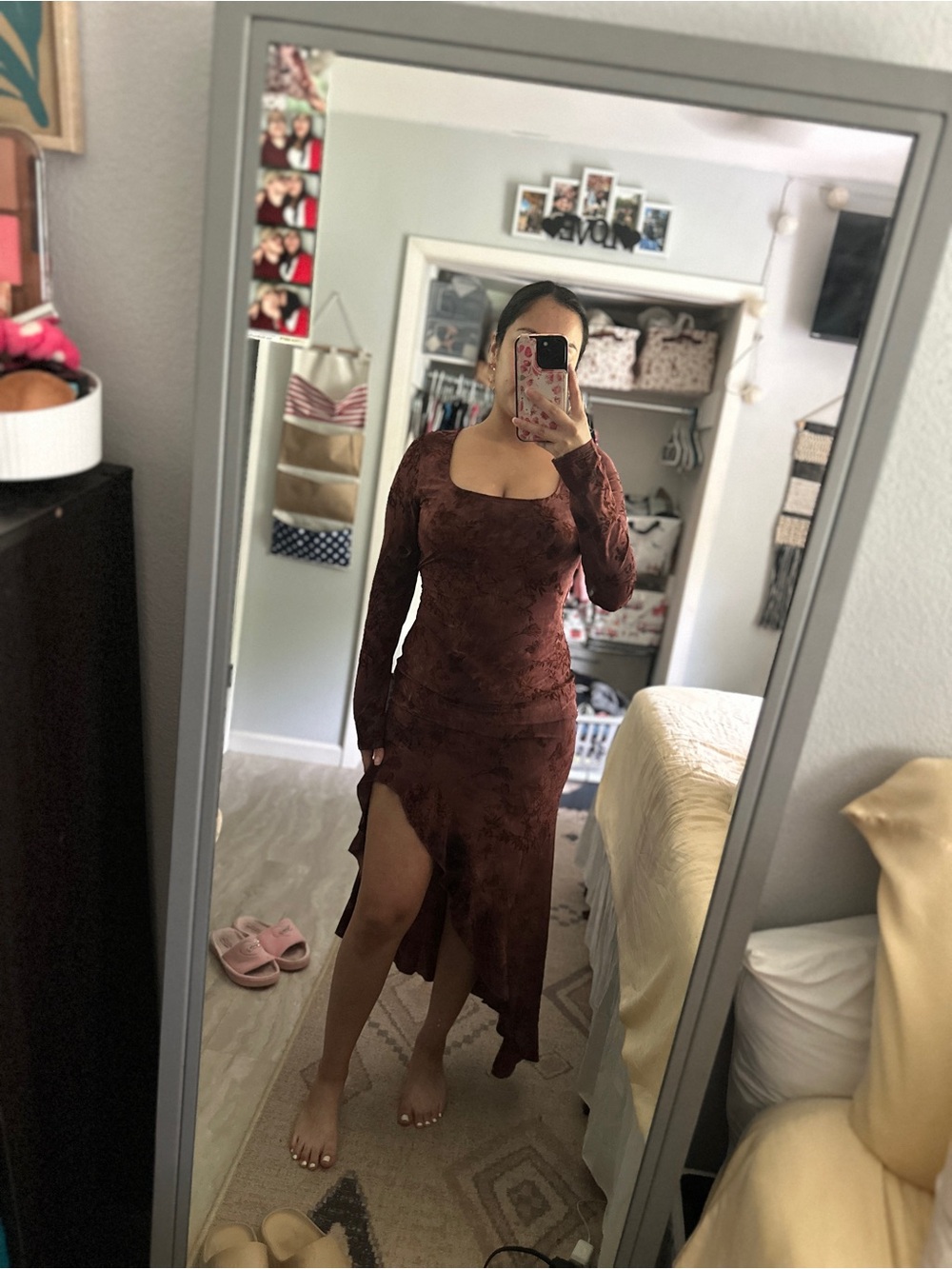 Long Sleeve Brown Velvet Midi Dress with Side Slit